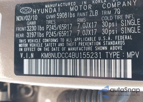 2011 Hyundai Veracruz Gls from USA, damaged, VIN KM8NUDCC4BU155231